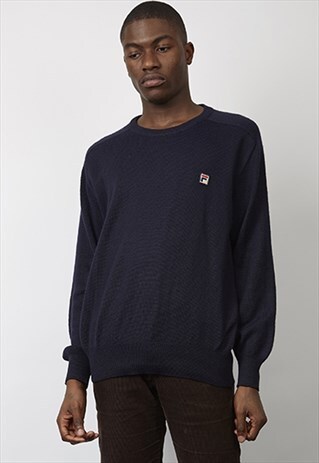 VINTAGE 80'S FILA CREW NECK NAVY KNIT JUMPER