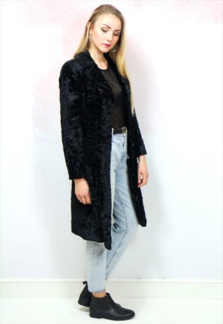 1990S VINTAGE JET BLACK SOFT FAUX FUR COAT