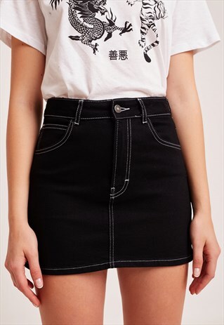 MINI SKIRT - BLACK DENIM WITH CONTRACT STITCHING