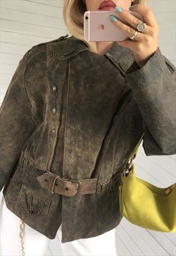Vintage 1980s Distressed Real Leather Brown Biker Jacket Wit