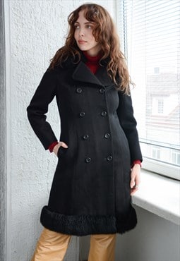 Vintage 60's Black Wool Shearling Trim Double Breasted Coat