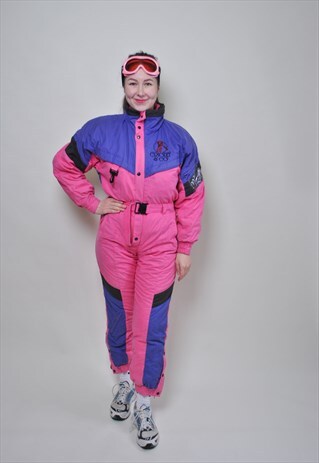 PINK ONE PIECE SKI SUIT, RETRO COLORFUL SNOWSUIT MEDIUM SIZE