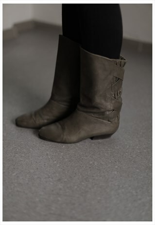 VINTAGE 70'S KHAKI LEATHER ANKLE BOOTS