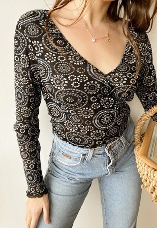 VINTAGE Y2K S. OLIVER ABSTRACT PATTERN MESH MOD TOP BLOUSE