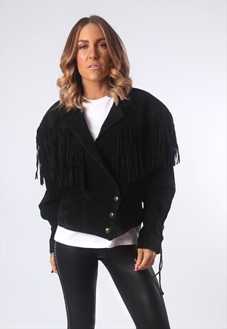 SUEDE LEATHER TASSEL FRINGE JACKET VINTAGE UK 14 (53Y)