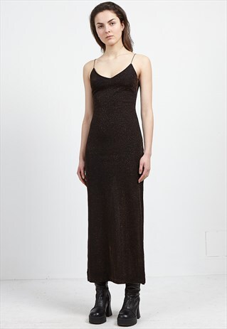 VINTAGE BROWN SPARKLY SLEEVELESS MAXI DRESS