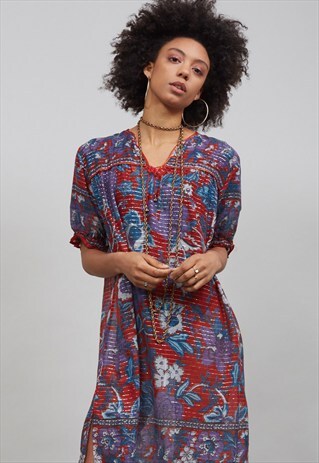 70'S CANDY RED AND PURPLE FLORAL INDIAN BOHO DRESS