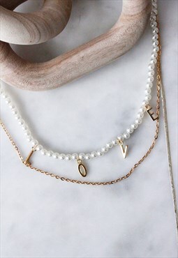 Gold Faux Pearl Letter Love Layered Charm Pendant Necklace