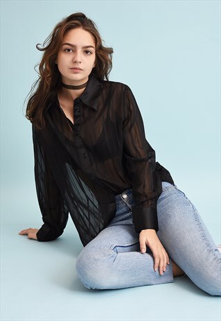 90'S RETRO Y2K GRUNGE STRIPED SHEER SHIRT TOP BLOUSE