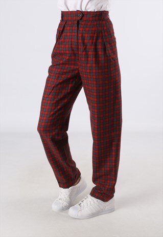 HIGH WAISTED TROUSERS TARTAN CHECKED WIDE TAPERED 8 XS (HH3K