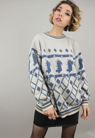 VINTAGE 80S 90S OVERSIZED PATTERNED KNIT JUMPER