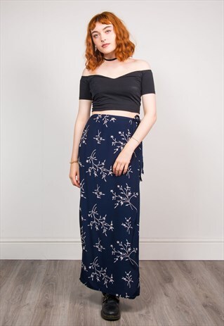 90'S VINTAGE BLUE FLORAL PATTERN WRAP AROUND MAXI SKIRT