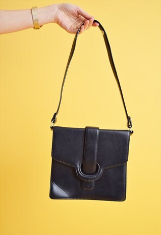 80'S RETRO MINIMALIST FAUX LEATHER NAVY TOTE BAG