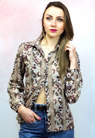 1980S VINTAGE BEIGE AND LIGHT BROWN PATTERNED BLOUSE
