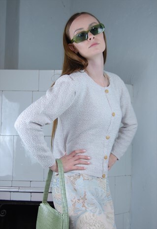 VINTAGE 90'S LIGHT CREAM KNITTED GREY CROCHET JUMPER SWEATER