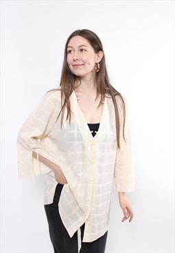 90s oversized yellow blouse, vintage v neck plaid casual top
