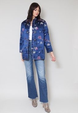 Vintage 70's Ladies Jacket Blue Satin Floral 