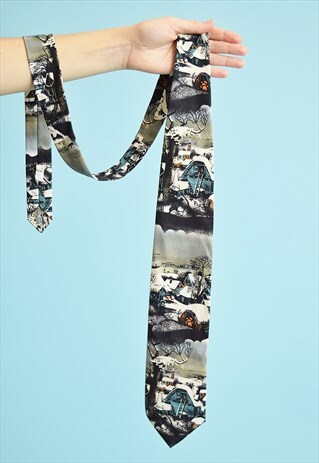 VINTAGE 80'S RETRO WINTER VIEW PATTERN PRINT TIE