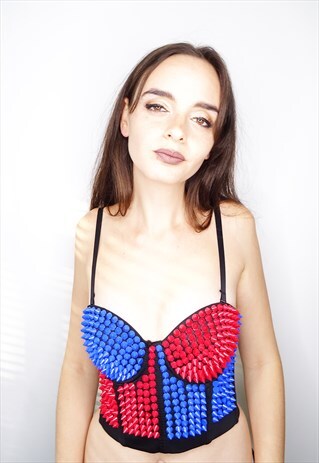 RED AND BLUE SPIKE BEADED BUSTIER.