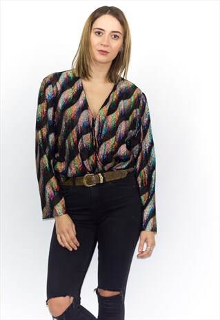 VINTAGE MULTI COLOURED METALLIC DEEP V BLOUSE