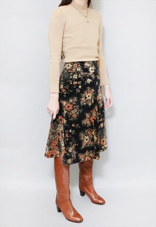 VINTAGE 1970'S FLORAL VELVET HIGH WAISTED MIDI SKIRT