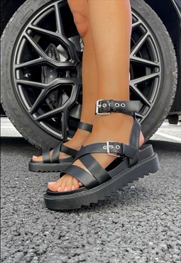 Chunky Buckle Gladiator Sandals - Black