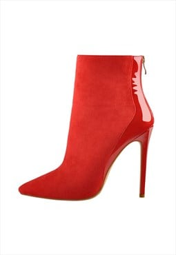 Red Suede Patent Leather Stitching Pointed Toe Ankle boots