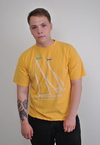90S YELLOW SEA TSHIRT, VINTAGE SHIP PRINT MENS TEE