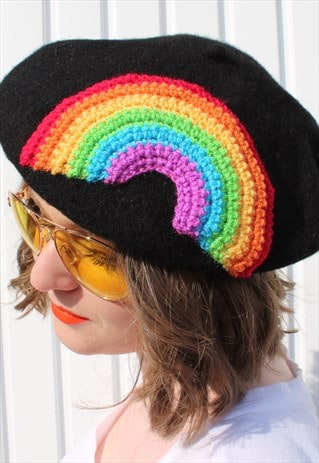 VINTAGE BLACK WOOL BERET WITH HAND KNITTED RAINBOW