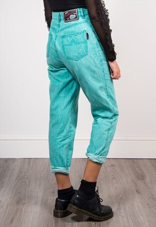 90'S VINTAGE TURQUOISE DENIM HIGH WAIST MOM JEANS
