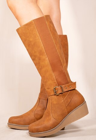 AYLEEN WEDGE HEEL KNEE HIGH BOOTS WITH ELASTIC PANEL IN TAN