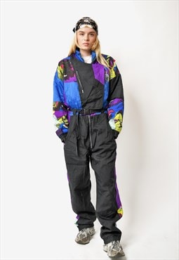 Retro 80s ski suit black multi coloured unisex Vintage 