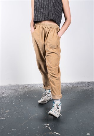 VINTAGE 1990S BEIGE CORDUROY HIGH-WAISTED TROUSERS