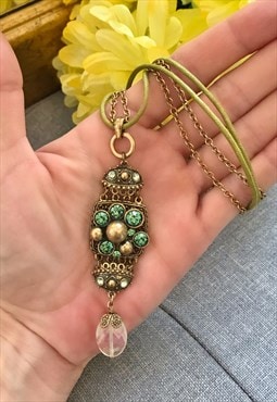 Green Owl Pendant Long Necklace