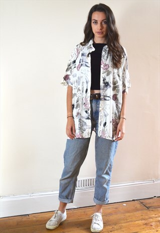 90S VINTAGE ABSTRACT OFF WHITE & ROSE PRINT FESTIVAL SHIRT