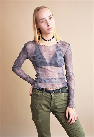 90'SKITSCH FLORAL PRINT LYCRA SHEER NEUTRAL BLOUSE TOP