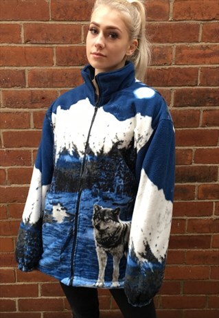 VINTAGE OVERSIZED WINTER FLEECE JACKET WOLF ANIMAL COAT XL