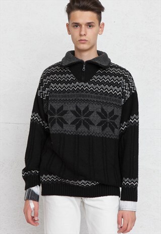 VINTAGE BLACK 1/4 ZIP KNIT JUMPER SWEATER