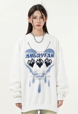 Heart print sweatshirt metal chain jumper retro top in white