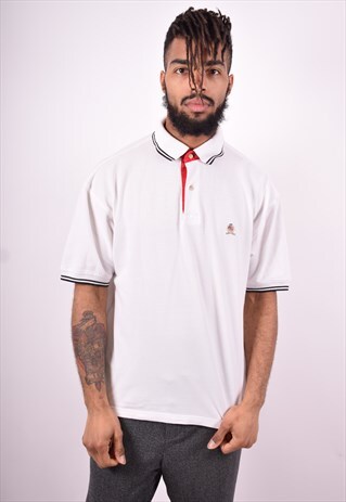 TOMMY HILFIGER MENS VINTAGE POLO SHIRT LARGE WHITE 90'S