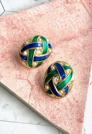 90S GREEN & NAVY EARRINGS VINTAGE JEWELLERY