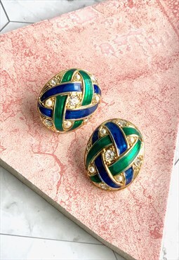90s Green & Navy Earrings Vintage Jewellery 