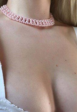 Vintage 60s Baby Pink Faux Pearl Beaded Choker Necklace