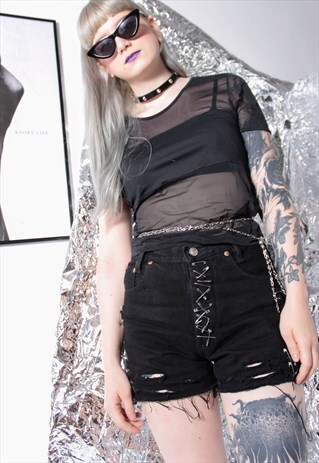 80S PUNK 90S REWORKED GRUNGE SAFETY-PIN BLACK DENIM SHORTS