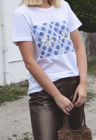 NUDE ETHICS ORGANIC EMBROIDERED CHECK DAISIES WHITE T-SHIRT