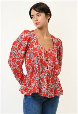 Vintage Woman Classic Floral Red Blouse Long Ssleeve 3319