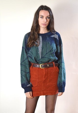 80S VINTAGE BLUE & GREEN LEAF PATTERN KNIT JUMPER