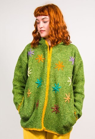 VINTAGE 90'S GREEN KNIT HIPPIE EMBROIDERED ZIP CARDIGAN