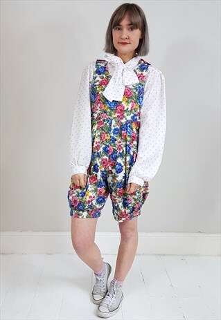 VINTAGE 90'S PINK AND BLUE FLORAL DUNGAREE ROMPER PLAYSUIT