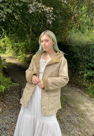 VINTAGE 90S SIZE LARGE FAUX SUEDE DUFFLE COAT IN BROWN